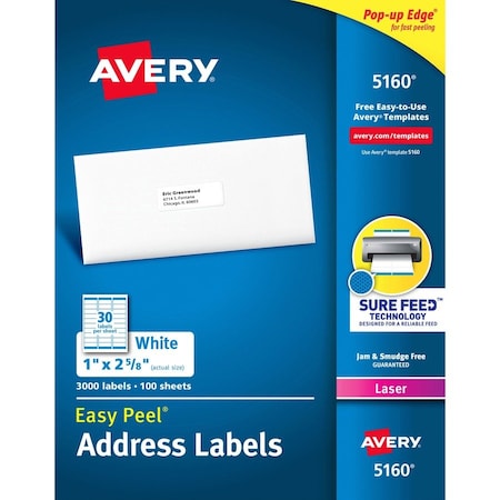 Avery Label, Ezpeel, Lsr, 1X2.6, We 3000PK AVE5160